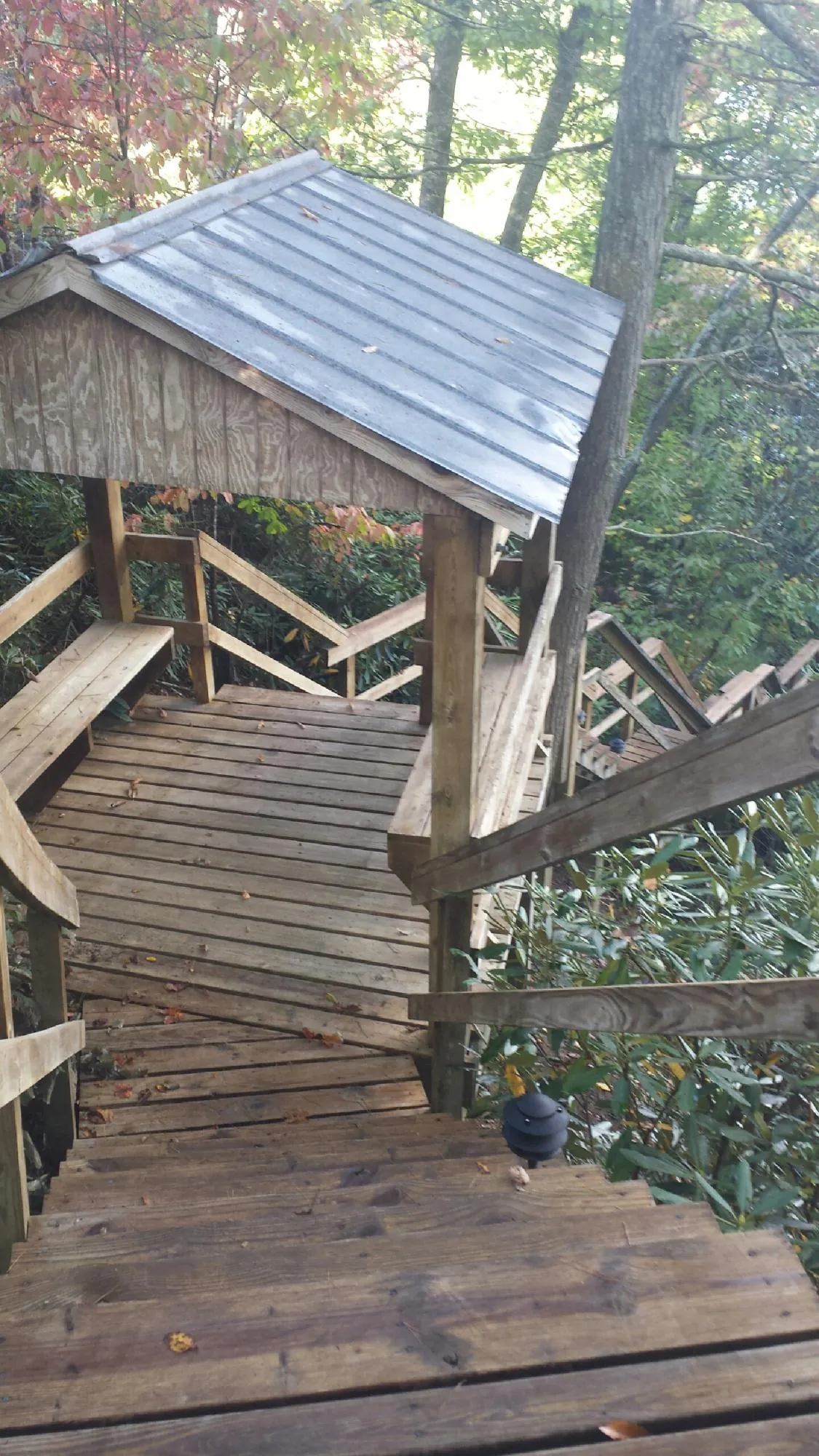 Metal roofed shelter over wooden steps on a wooded walkway — Skylight Repair & Installation work by our crew in Omega